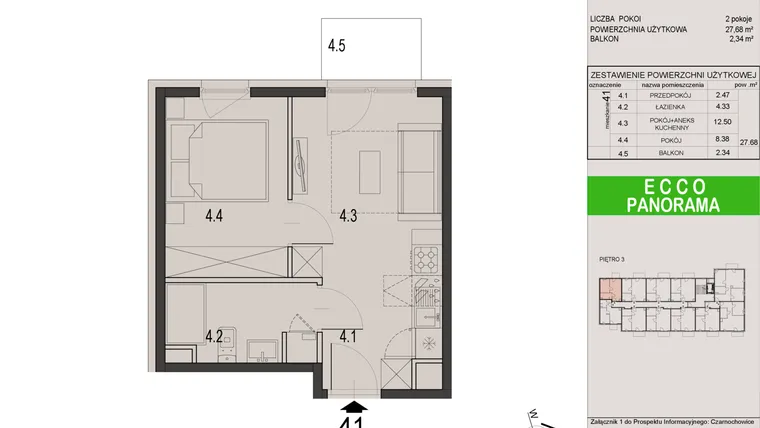 Rzut - Mieszkanie na sprzedaż 2 pokoje o powierzchni 27,68 m² - numer 41C w Ecco Panorama etap II budynki C, D