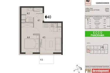 Rzut - Mieszkanie na sprzedaż 2 pokoje o powierzchni 26,05 m² - numer 40C w Ecco Panorama etap II budynki C, D
