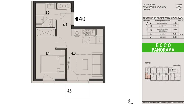 Rzut - Mieszkanie na sprzedaż 2 pokoje o powierzchni 26,05 m² - numer 40C w Ecco Panorama etap II budynki C, D