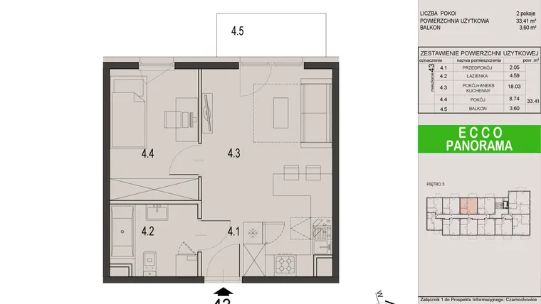 Rzut - Mieszkanie na sprzedaż 2 pokoje o powierzchni 33,41 m² - numer 43C w Ecco Panorama etap II budynki C, D
