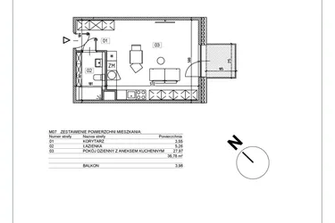 Rzut - Mieszkanie na sprzedaż 1 pokój o powierzchni 36,92 m² - numer I.M07 w Osiedle Glivia Zachodnia