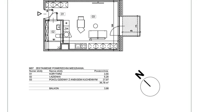 Rzut - Mieszkanie na sprzedaż 1 pokój o powierzchni 36,92 m² - numer I.M07 w Osiedle Glivia Zachodnia
