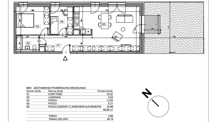 Rzut - Mieszkanie na sprzedaż 3 pokoje o powierzchni 68,77 m² - numer J.M05 w Osiedle Glivia Zachodnia