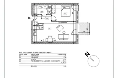 Rzut - Mieszkanie na sprzedaż 2 pokoje o powierzchni 47,81 m² - numer J.M07 w Osiedle Glivia Zachodnia