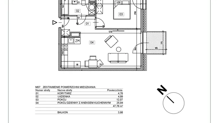 Rzut - Mieszkanie na sprzedaż 2 pokoje o powierzchni 47,81 m² - numer J.M07 w Osiedle Glivia Zachodnia