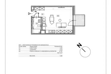 Rzut - Mieszkanie na sprzedaż 1 pokój o powierzchni 36,67 m² - numer J.M13 w Osiedle Glivia Zachodnia