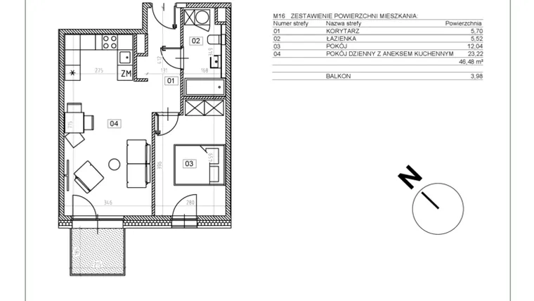 Rzut - Mieszkanie na sprzedaż 2 pokoje o powierzchni 46,48 m² - numer J.M16 w Osiedle Glivia Zachodnia