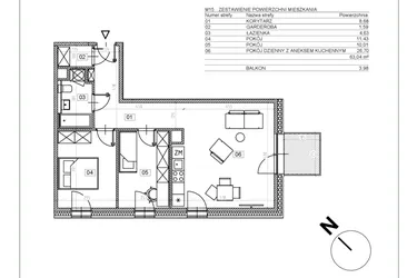 Rzut - Mieszkanie na sprzedaż 3 pokoje o powierzchni 63,3 m² - numer J.M15 w Osiedle Glivia Zachodnia
