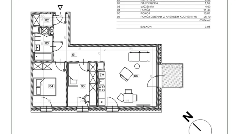 Rzut - Mieszkanie na sprzedaż 3 pokoje o powierzchni 63,3 m² - numer J.M15 w Osiedle Glivia Zachodnia