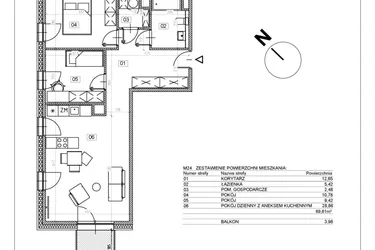 Rzut - Mieszkanie na sprzedaż 3 pokoje o powierzchni 69,72 m² - numer J.M24 w Osiedle Glivia Zachodnia