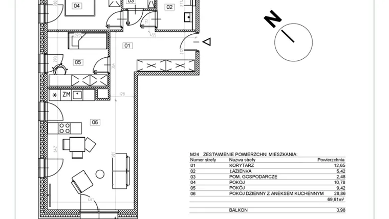 Rzut - Mieszkanie na sprzedaż 3 pokoje o powierzchni 69,72 m² - numer J.M24 w Osiedle Glivia Zachodnia