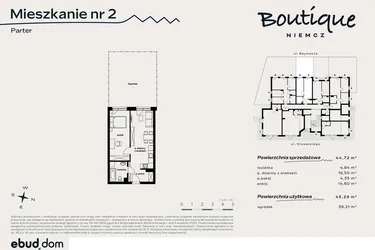 Rzut - Mieszkanie na sprzedaż 2 pokoje o powierzchni 43,29 m² - numer 2 w Boutique NIEMCZ