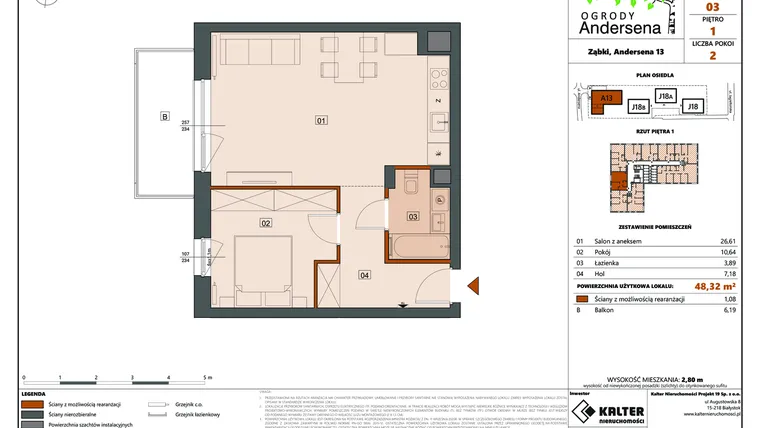 Rzut - Mieszkanie na sprzedaż 2 pokoje o powierzchni 48,17 m² - numer 3A w Ogrody Andersena