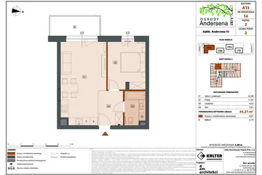 Rzut - Mieszkanie na sprzedaż 2 pokoje o powierzchni 44,21 m² - numer 14A w Ogrody Andersena