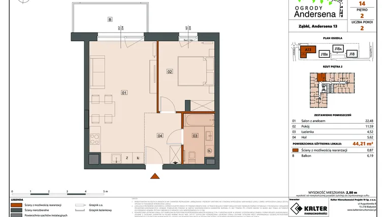 Rzut - Mieszkanie na sprzedaż 2 pokoje o powierzchni 44,21 m² - numer 14A w Ogrody Andersena