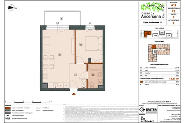 Rzut - Mieszkanie na sprzedaż 2 pokoje o powierzchni 44,21 m² - numer 23A w Ogrody Andersena