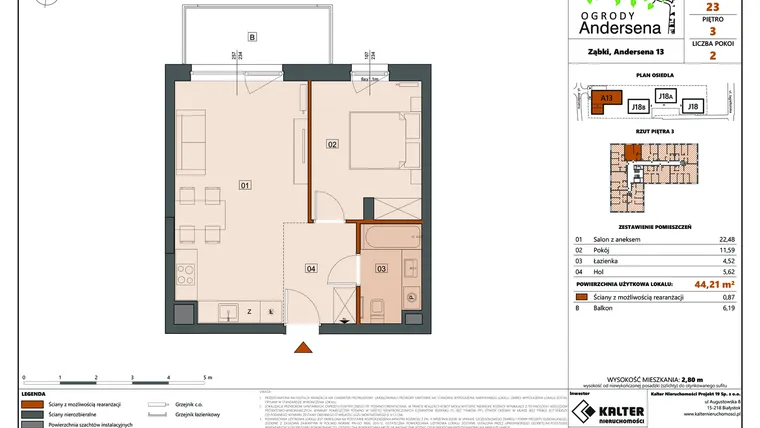 Rzut - Mieszkanie na sprzedaż 2 pokoje o powierzchni 44,21 m² - numer 23A w Ogrody Andersena