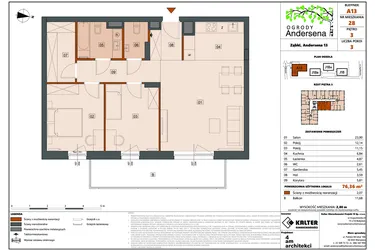 Rzut - Mieszkanie na sprzedaż 3 pokoje o powierzchni 76,36 m² - numer 28A w Ogrody Andersena