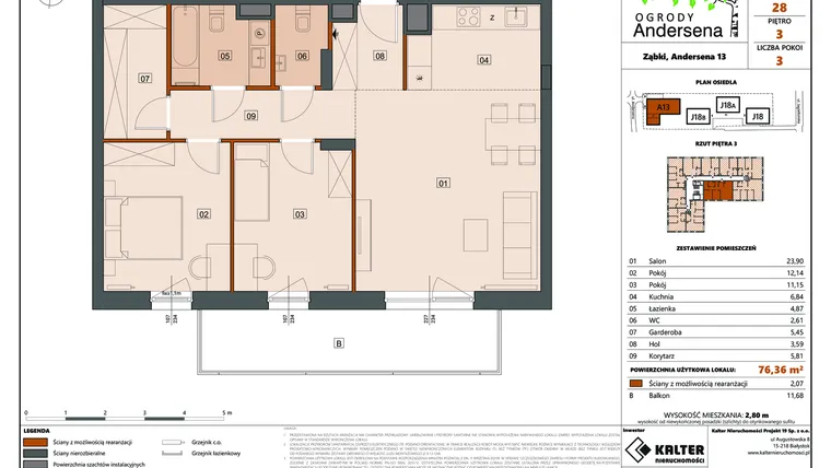 Rzut - Mieszkanie na sprzedaż 3 pokoje o powierzchni 76,36 m² - numer 28A w Ogrody Andersena