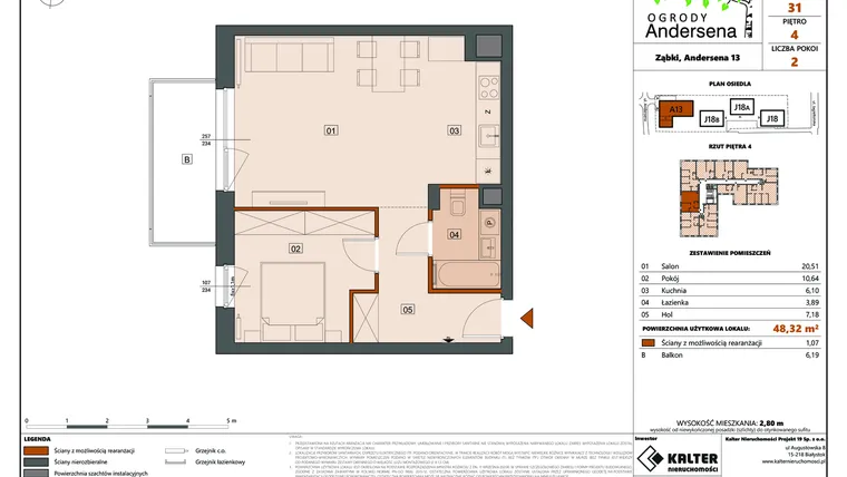 Rzut - Mieszkanie na sprzedaż 2 pokoje o powierzchni 48,32 m² - numer 31A w Ogrody Andersena