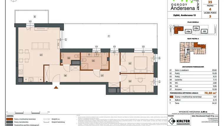 Rzut - Mieszkanie na sprzedaż 3 pokoje o powierzchni 78,8 m² - numer 35A w Ogrody Andersena