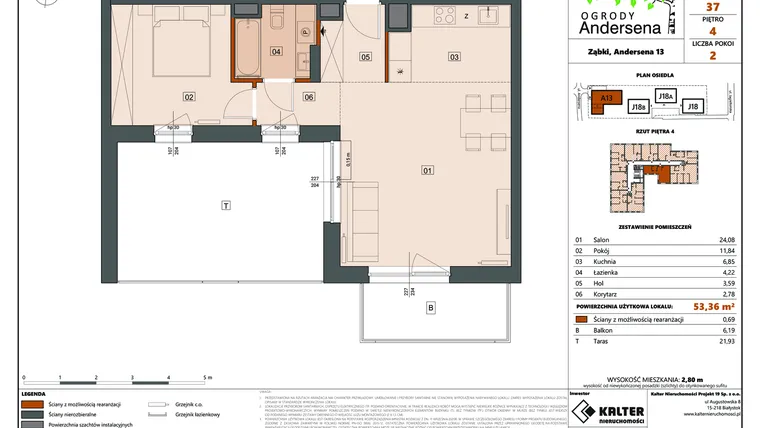 Rzut - Mieszkanie na sprzedaż 2 pokoje o powierzchni 53,36 m² - numer 37A w Ogrody Andersena