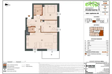 Rzut - Mieszkanie na sprzedaż 3 pokoje o powierzchni 65,99 m² - numer 11B w Ogrody Andersena