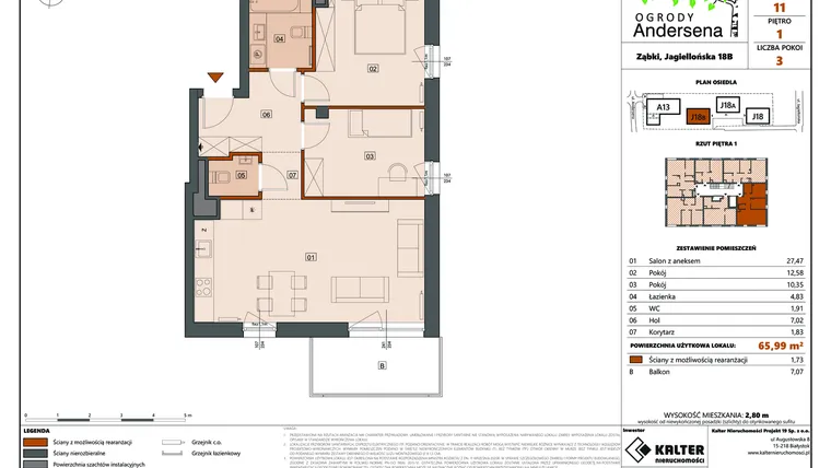 Rzut - Mieszkanie na sprzedaż 3 pokoje o powierzchni 65,99 m² - numer 11B w Ogrody Andersena