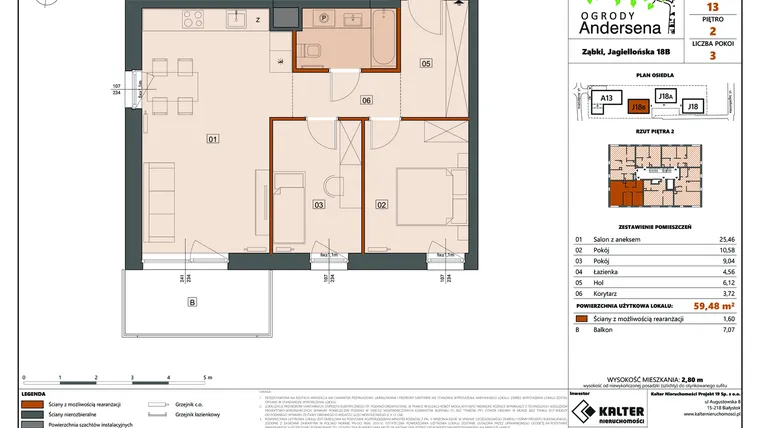 Rzut - Mieszkanie na sprzedaż 3 pokoje o powierzchni 59,48 m² - numer 13B w Ogrody Andersena