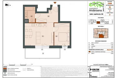 Rzut - Mieszkanie na sprzedaż 2 pokoje o powierzchni 46,21 m² - numer 12B w Ogrody Andersena