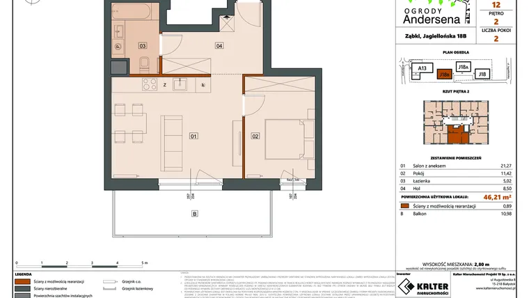 Rzut - Mieszkanie na sprzedaż 2 pokoje o powierzchni 46,21 m² - numer 12B w Ogrody Andersena