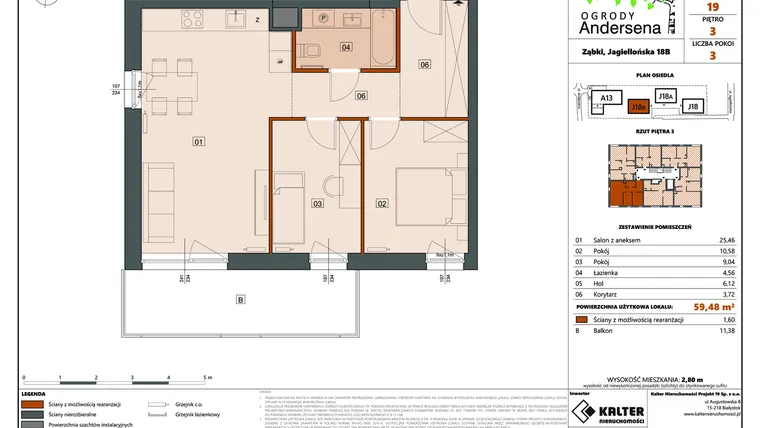 Rzut - Mieszkanie na sprzedaż 3 pokoje o powierzchni 59,48 m² - numer 19B w Ogrody Andersena