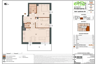 Rzut - Mieszkanie na sprzedaż 3 pokoje o powierzchni 65,99 m² - numer 17B w Ogrody Andersena