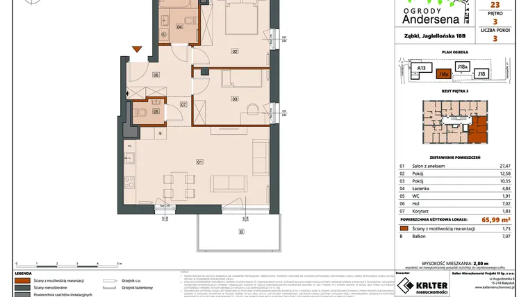 Rzut - Mieszkanie na sprzedaż 3 pokoje o powierzchni 65,91 m² - numer 23B w Ogrody Andersena