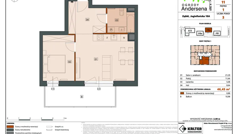 Rzut - Mieszkanie na sprzedaż 2 pokoje o powierzchni 46,45 m² - numer 11C w Ogrody Andersena