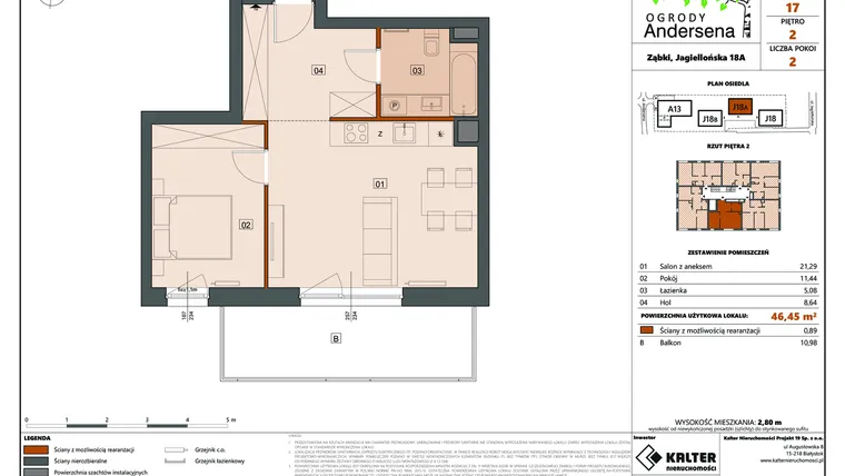 Rzut - Mieszkanie na sprzedaż 2 pokoje o powierzchni 46,45 m² - numer 17C w Ogrody Andersena