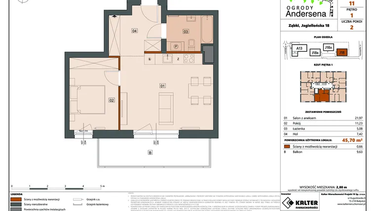 Rzut - Mieszkanie na sprzedaż 2 pokoje o powierzchni 45,7 m² - numer 11D w Ogrody Andersena