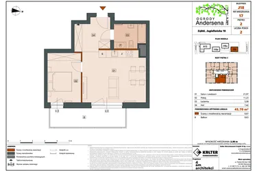 Rzut - Mieszkanie na sprzedaż 2 pokoje o powierzchni 45,66 m² - numer 17D w Ogrody Andersena