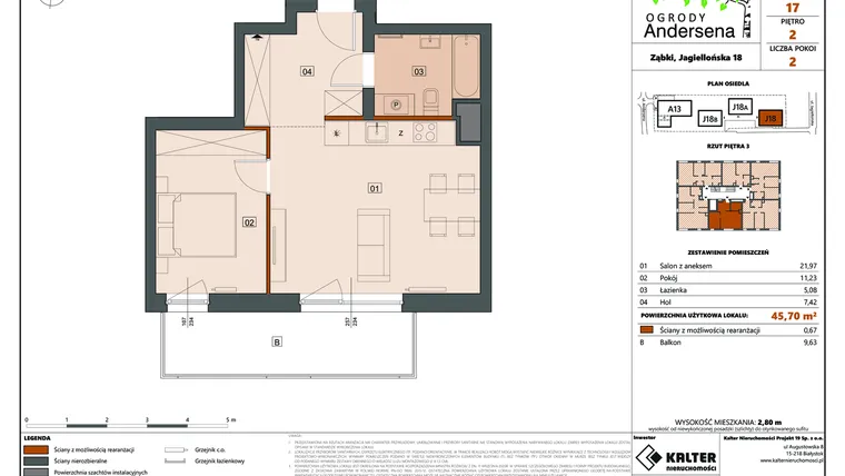 Rzut - Mieszkanie na sprzedaż 2 pokoje o powierzchni 45,66 m² - numer 17D w Ogrody Andersena