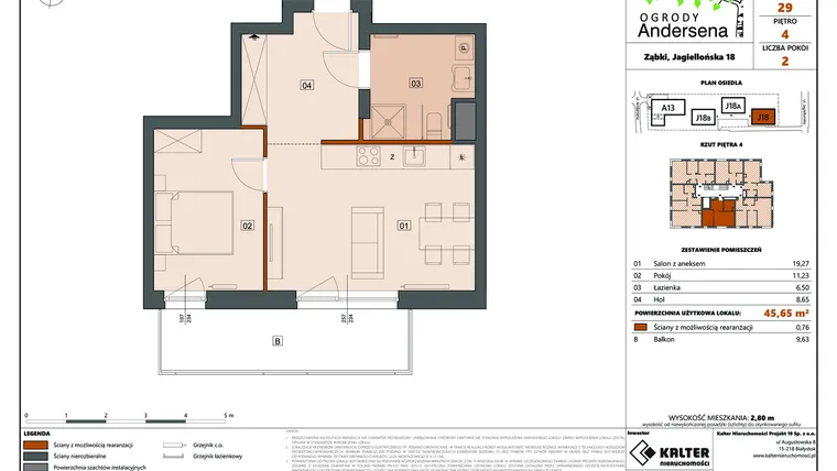 Rzut - Mieszkanie na sprzedaż 2 pokoje o powierzchni 45,65 m² - numer 29D w Ogrody Andersena