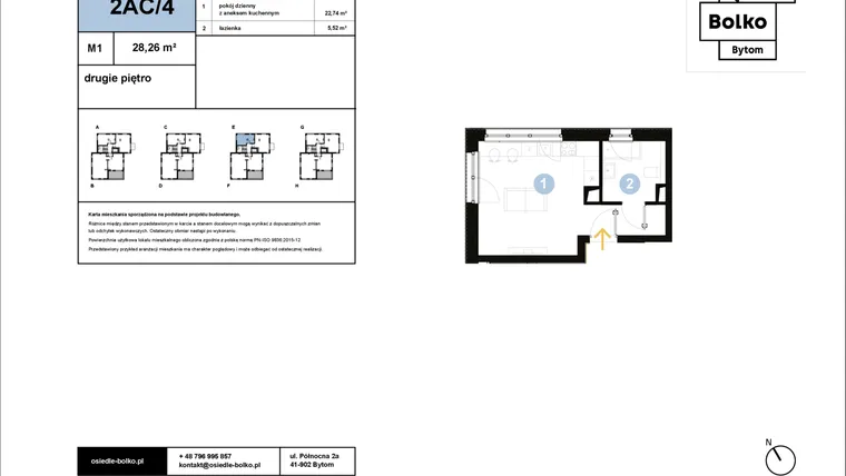 Rzut - Mieszkanie na sprzedaż 1 pokój o powierzchni 28,26 m² - numer 2AC/4 w Osiedle Bolko etap II