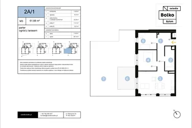 Rzut - Mieszkanie na sprzedaż 3 pokoje o powierzchni 61,88 m² - numer 2A/1 w Osiedle Bolko etap II