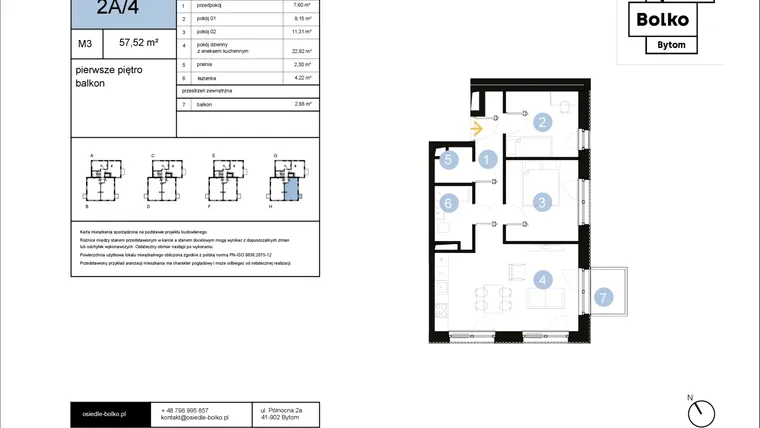 Rzut - Mieszkanie na sprzedaż 3 pokoje o powierzchni 57,52 m² - numer 2A/4 w Osiedle Bolko etap II