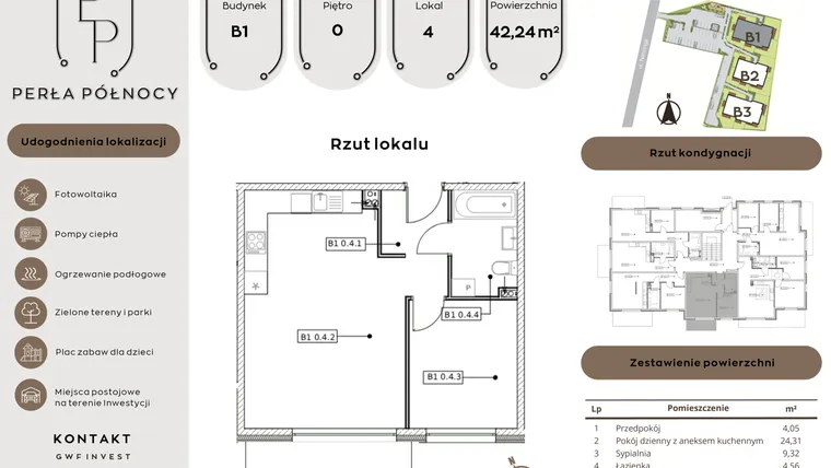Rzut - Mieszkanie na sprzedaż 2 pokoje o powierzchni 42,24 m² - numer B1.0_4 w Perła Północy etap 2