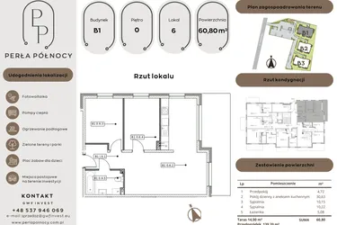 Rzut - Mieszkanie na sprzedaż 3 pokoje o powierzchni 60,8 m² - numer B1.0_6 w Perła Północy etap 2