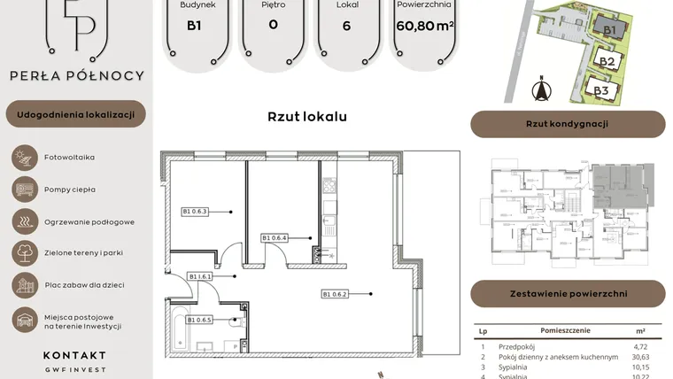 Rzut - Mieszkanie na sprzedaż 3 pokoje o powierzchni 60,8 m² - numer B1.0_6 w Perła Północy etap 2