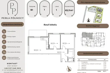 Rzut - Mieszkanie na sprzedaż 3 pokoje o powierzchni 65,11 m² - numer B1.1_1 w Perła Północy etap 2