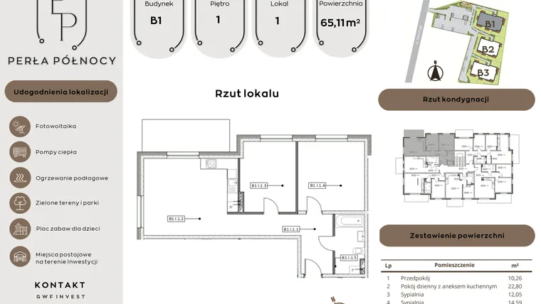 Rzut - Mieszkanie na sprzedaż 3 pokoje o powierzchni 65,11 m² - numer B1.1_1 w Perła Północy etap 2