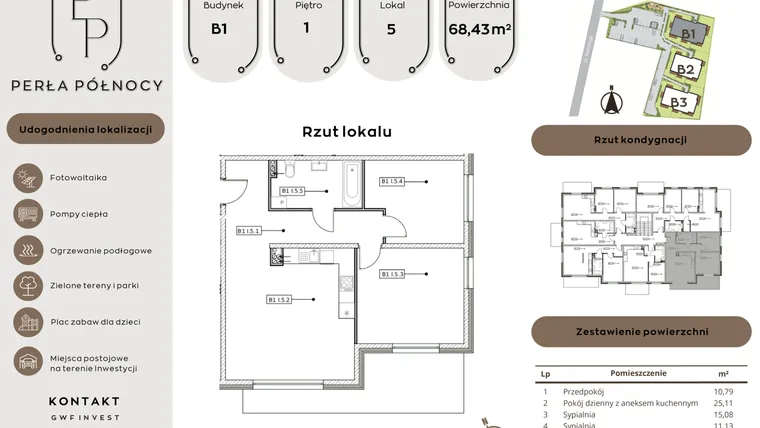 Rzut - Mieszkanie na sprzedaż 3 pokoje o powierzchni 68,43 m² - numer B1.1_5 w Perła Północy etap 2
