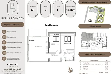 Rzut - Mieszkanie na sprzedaż 3 pokoje o powierzchni 76,1 m² - numer B1.2_1 w Perła Północy etap 2